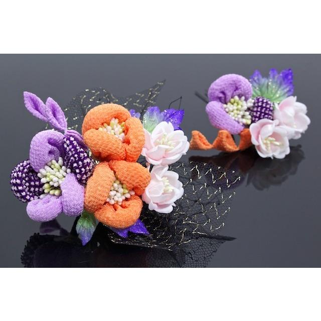 SOUBIEN（創美苑） 髪飾り 2点セット 紫 朱色 椿 縮緬 つまみ細工