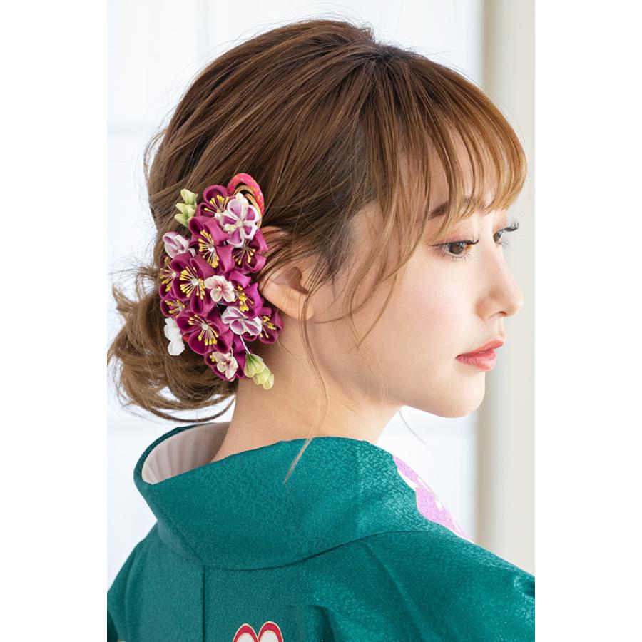 つまみ細工 紫 パープル 桜 縮緬 ビーズ パール ラインストーン コーム 