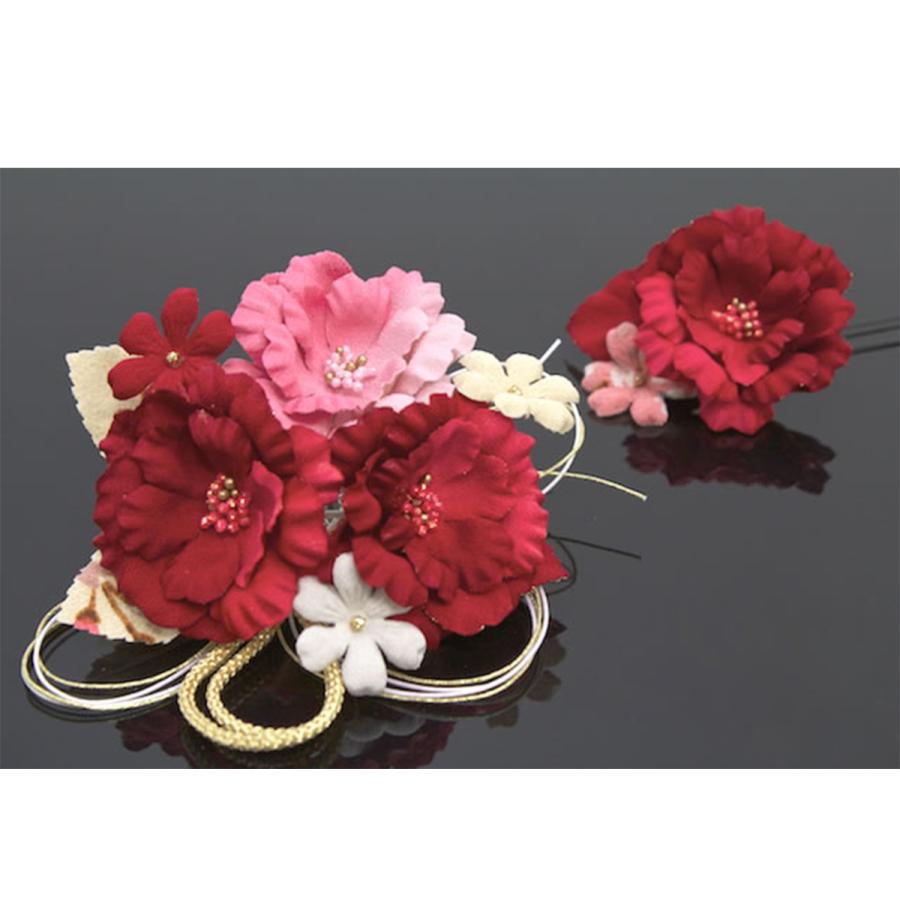 SOUBIEN（創美苑） 髪飾り 2点セット 赤 レッド 牡丹 桜 縮緬 水引