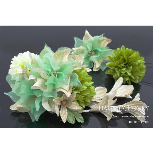 SOUBIEN（創美苑） 髪飾り 3点セット 緑 グリーン ゴールド 菊