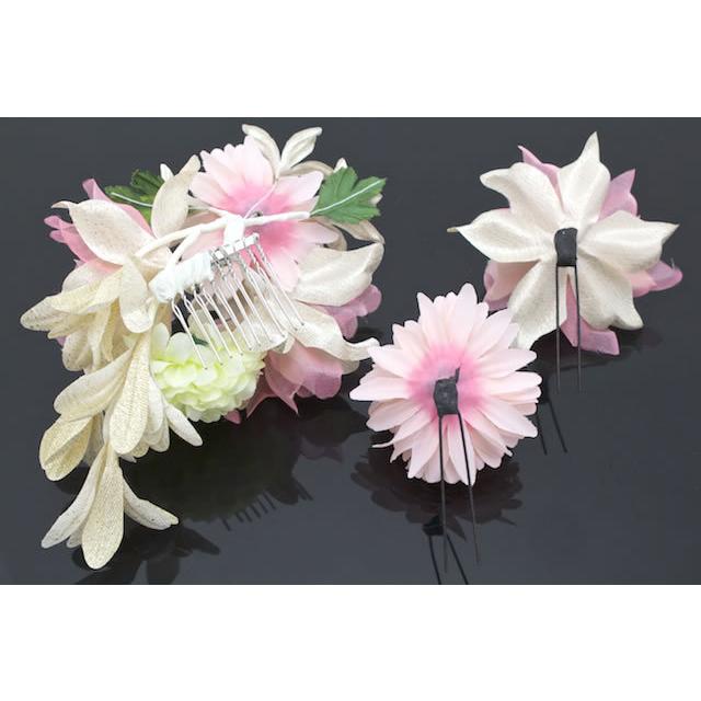 髪飾り 3点セット ピンク ゴールド 菊 オーガンジー 花 コサージュ