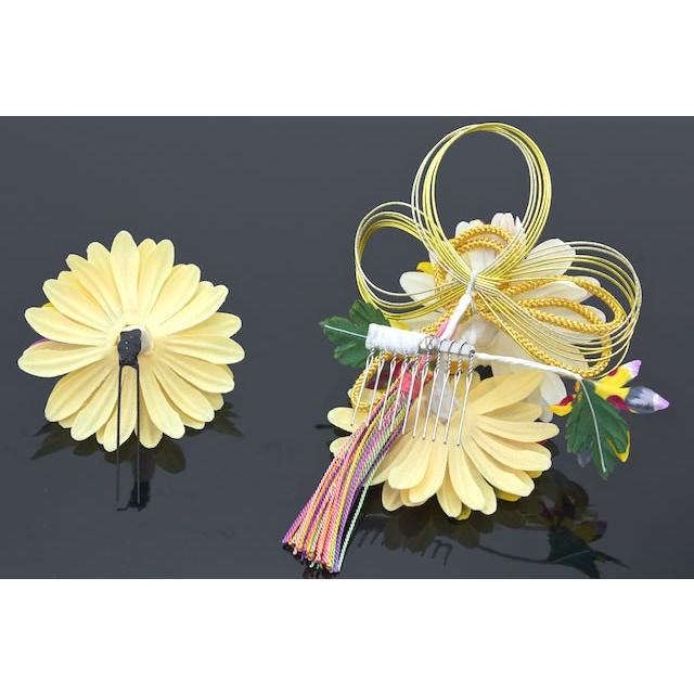 髪飾り 2点セット 黄色 イエロー 菊 ガーベラ 花 房紐 水引 ラメ  