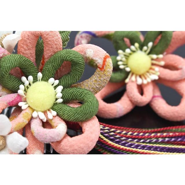 SOUBIEN（創美苑） 髪飾り 2点セット 緑 ピンク 花 ふさ飾り 縮緬