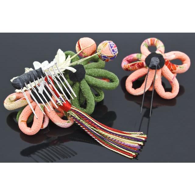 SOUBIEN（創美苑） 髪飾り 2点セット 緑 ピンク 花 ふさ飾り 縮緬