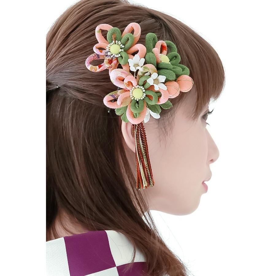 SOUBIEN（創美苑） 髪飾り 2点セット 緑 ピンク 花 ふさ飾り 縮緬