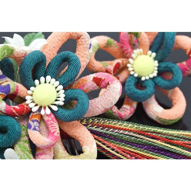 SOUBIEN（創美苑） 髪飾り 2点セット 青 ピンク 花 ふさ飾り 縮緬