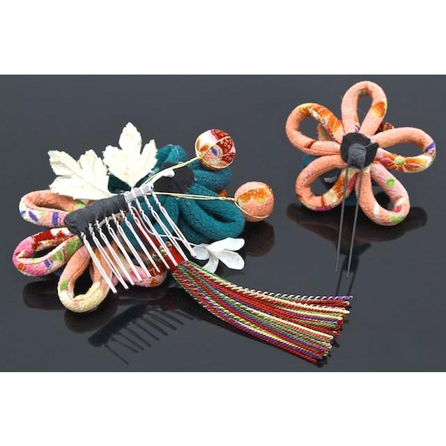 SOUBIEN（創美苑） 髪飾り 2点セット 青 ピンク 花 ふさ飾り 縮緬