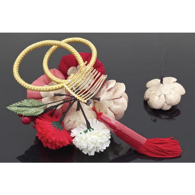 SOUBIEN（創美苑） 髪飾り 2点セット 赤 白 菊 椿 花 水引 房紐 ラメ