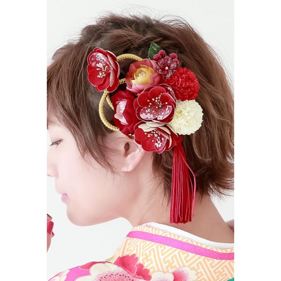 SOUBIEN（創美苑） 髪飾り 2点セット 赤 白 菊 椿 花 水引 房紐 ラメ