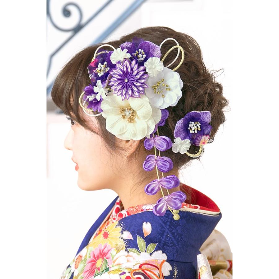 髪飾り 2点セット 紫 白 花 つまみ細工 水引 ラメ コサージュ 髪飾り 2点セット 紫 白 花 つまみ細工 水引 ラメ コサージュ