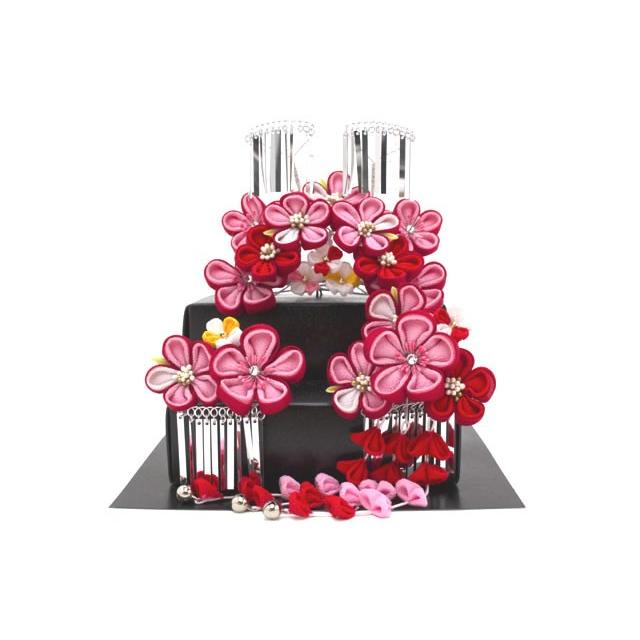 新しい到着 七五三 髪飾り 7歳 つまみ細工簪 3点セット ピンク 赤 梅 花 ラインストーン 女の子 勝山 かんざし ヘアアクセサリー 安い Studiostodulky Cz