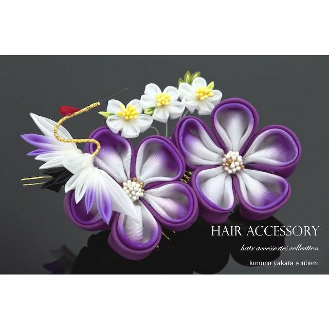 髪飾り つまみ細工 紫 パープル 白 鶴 鳥 花 コーム ヘアアクセサリー 