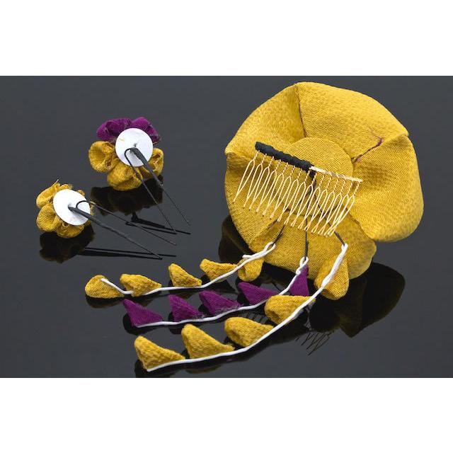 成人式 髪飾り 成人式の髪飾り つまみ細工 3点セット 山吹茶 イエロー 紫 梅 ぽりちりめん コーム 簪 ヘアアクセサリー 卒業式 日本製 和装 SOUBIEN（創美苑） 髪飾り 成人式 つまみ細工 3点セット 山吹茶