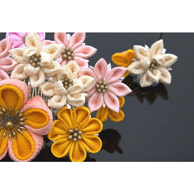 SOUBIEN（創美苑） 成人式 つまみ細工 髪飾り 2点セット 黄橙 オレンジ