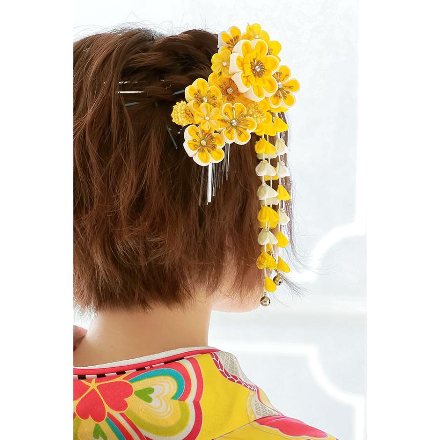 成人式 つまみ細工 髪飾り 簪 かんざし 2点セット 黄色 イエロー 白 梅 