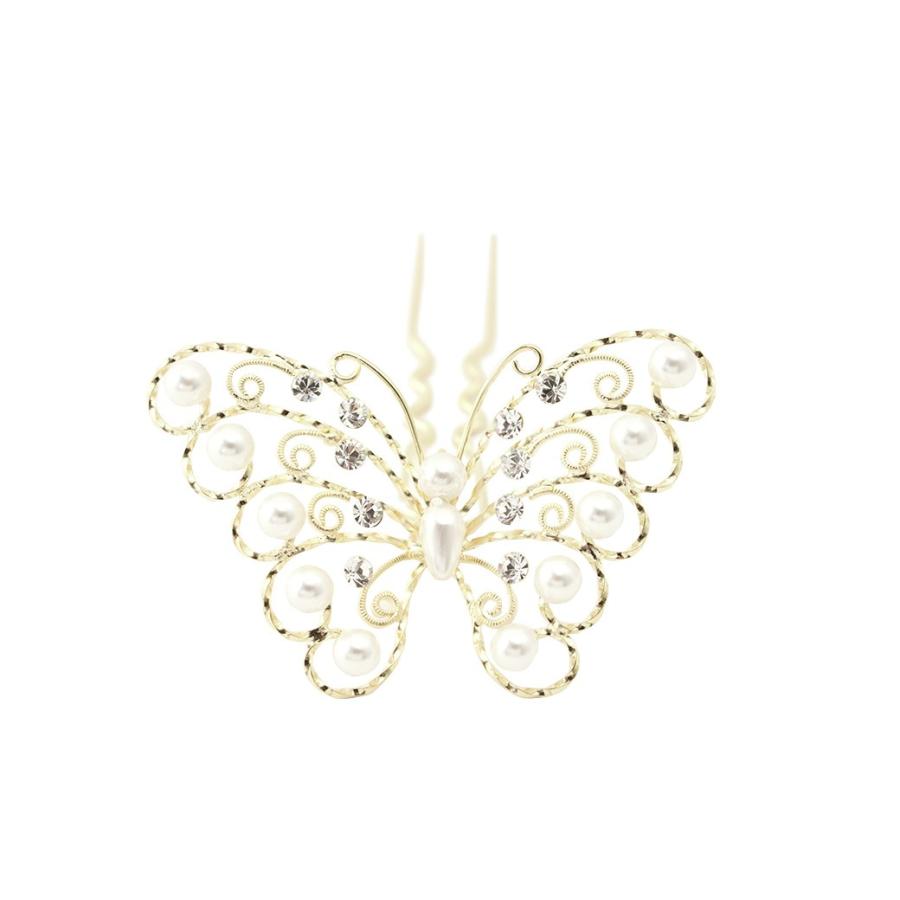 かんざし 簪 金色 ゴールド 蝶 バタフライ フェイクパール ラインストーン 二本足 髪飾り 和洋兼用 フォーマル ヘアアクセサリー 日本製 SOUBIEN（創美苑） 簪 かんざし 金色 ゴールド 蝶 バタフライ フェイク