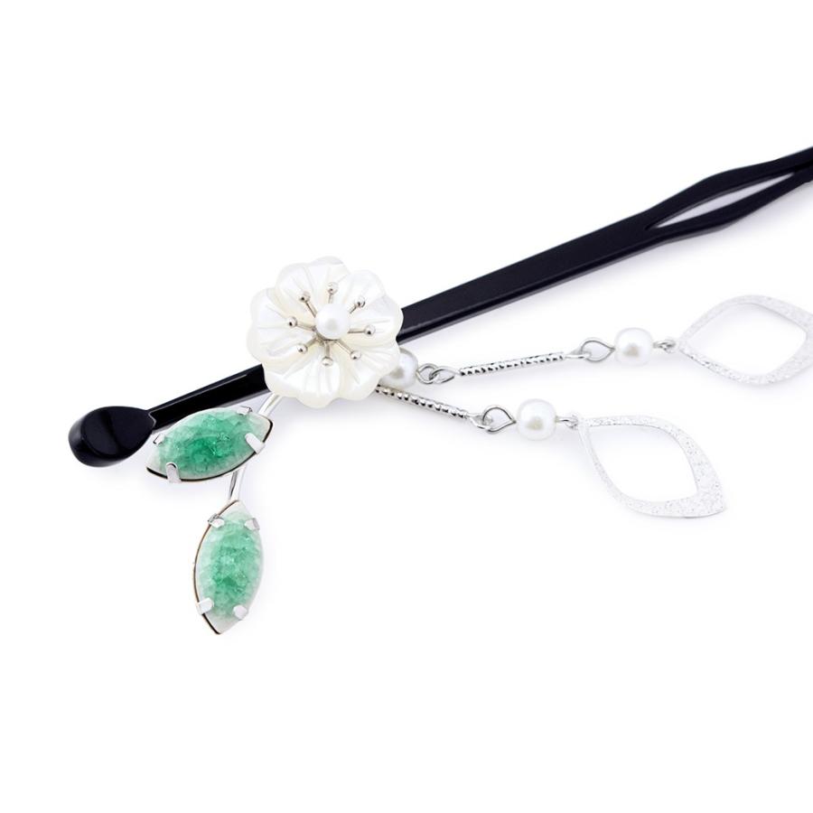 簪 かんざし 緑色 エメラルドグリーン 白 黒 シルバー 桜 花 貝殻  