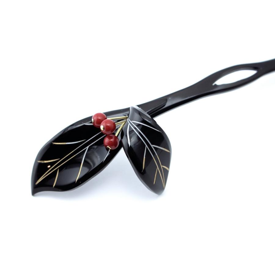 簪 かんざし 黒 ブラック 赤 南天 葉 赤い実 レトロモダン シンプル 髪  