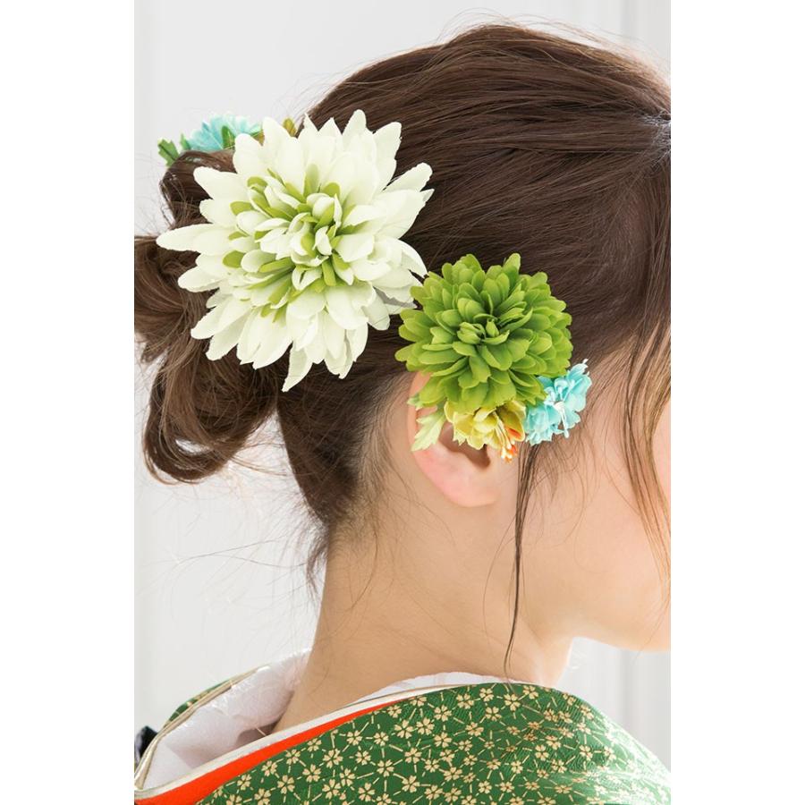 SOUBIEN（創美苑） 髪飾り 5点セット 黄緑色 グリーン 白 菊 八重桜 花