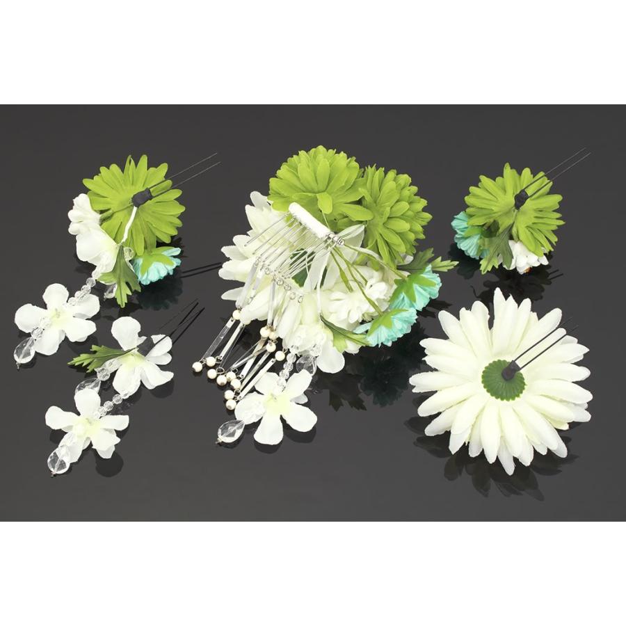 SOUBIEN 髪飾り 5点セット 黄緑色 グリーン 白 菊 八重桜 花 クリア