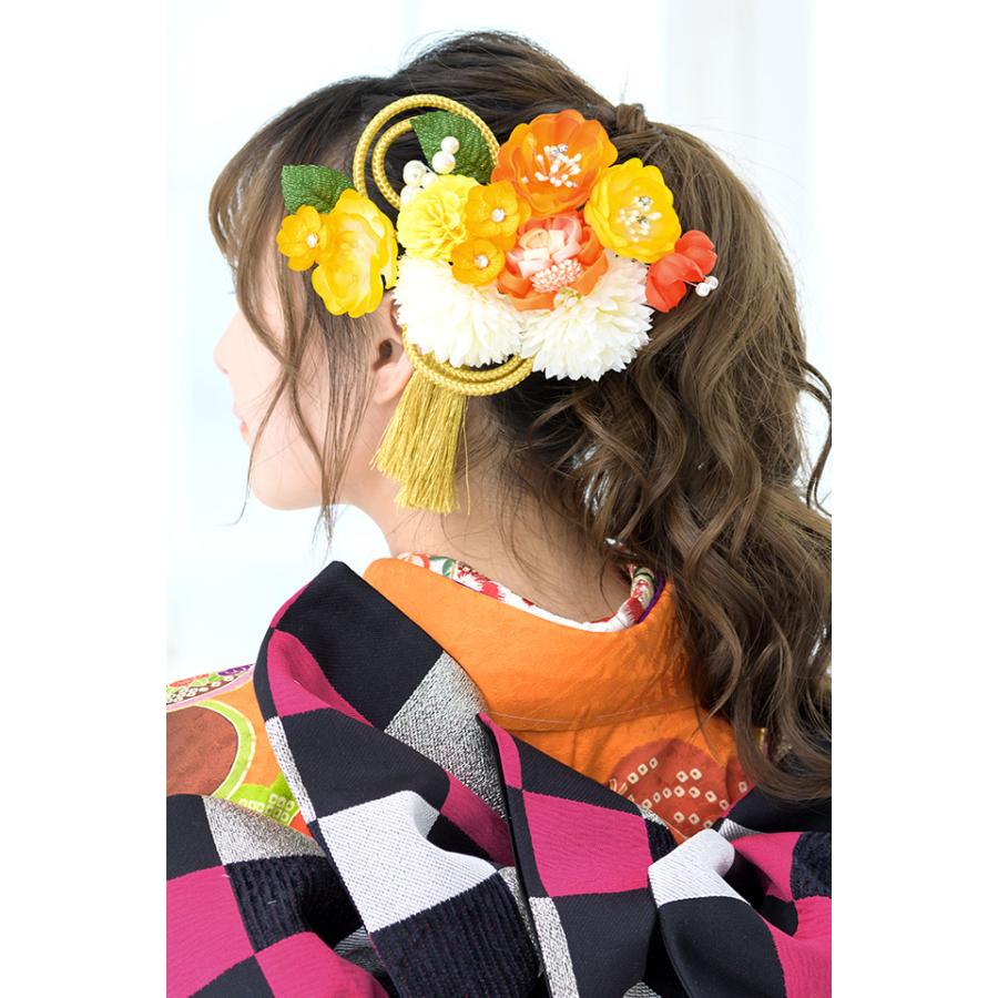 SOUBIEN 髪飾り 2点セット 黄色 イエロー 橙色 ラメ ピンポンマム 花