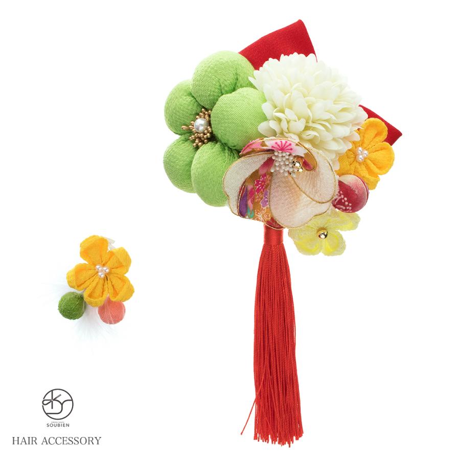 成人式 髪飾り 成人式の髪飾り 2点セット 緑系 グリーン 梅 ピンポンマム 椿 桜 花 和柄 玉飾り リボン 羽 縮緬 ちりめん つまみ細工 房飾り コーム Uピン 髪留め 卒業式向け 振袖向け 袴向け ヘアアクセサリー 日本製 和装 SOUBIEN（創美苑） 髪飾り 2点セット 緑系 グリーン 梅 ピンポンマム