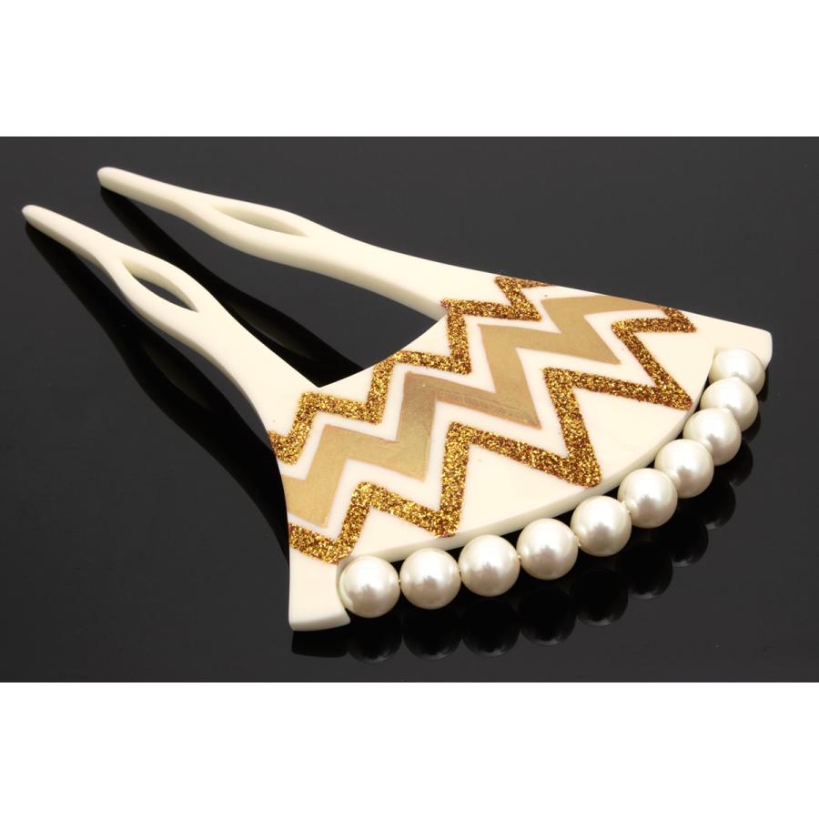 かんざし パール 留袖 バチ型 簪 白乳色 オフホワイト 金色 ゴールド
