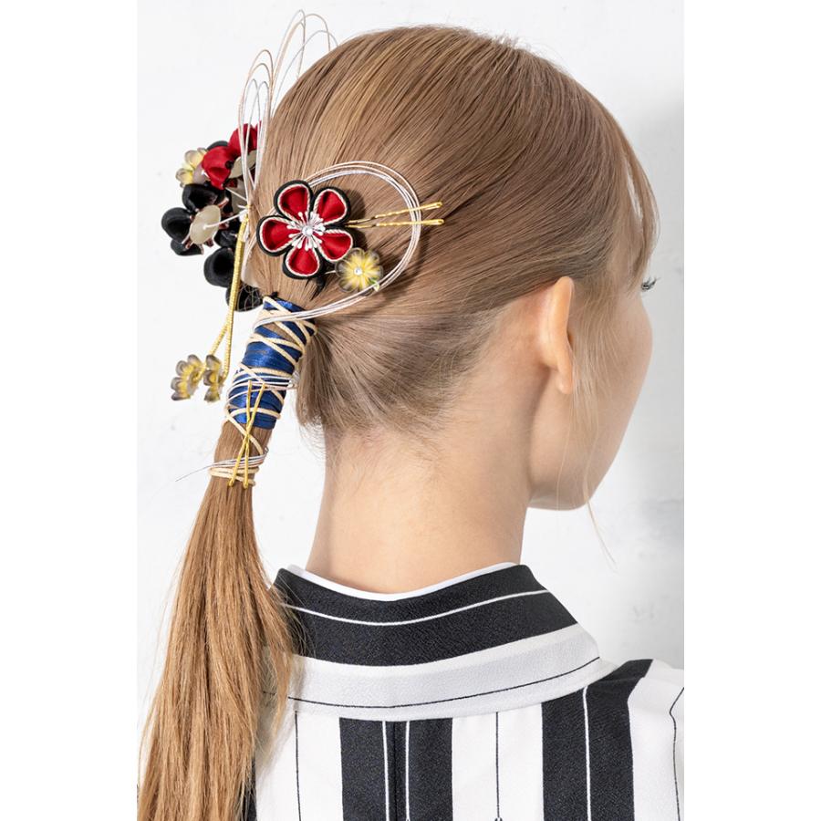 髪飾り つまみ細工 2点セット 赤 黒 梅 花 コサージュ ラインストーン
