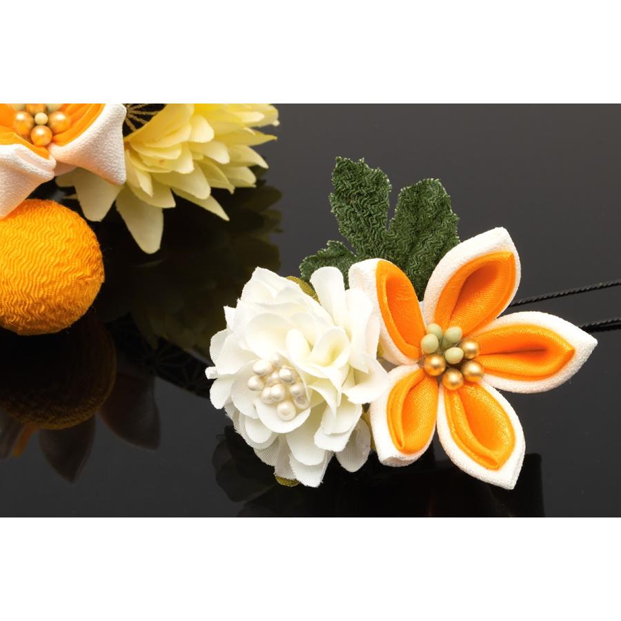 髪飾り 成人式 つまみ細工 黄色 2点セット 橙色 菊 ピンポンマム 花
