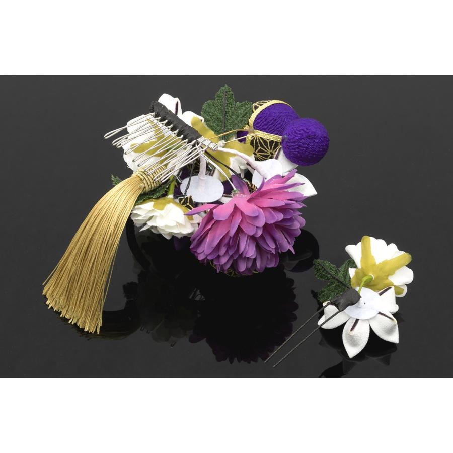 髪飾り 成人式 2点セット 紫 菊 ピンポンマム 花 コサージュ 麻の葉