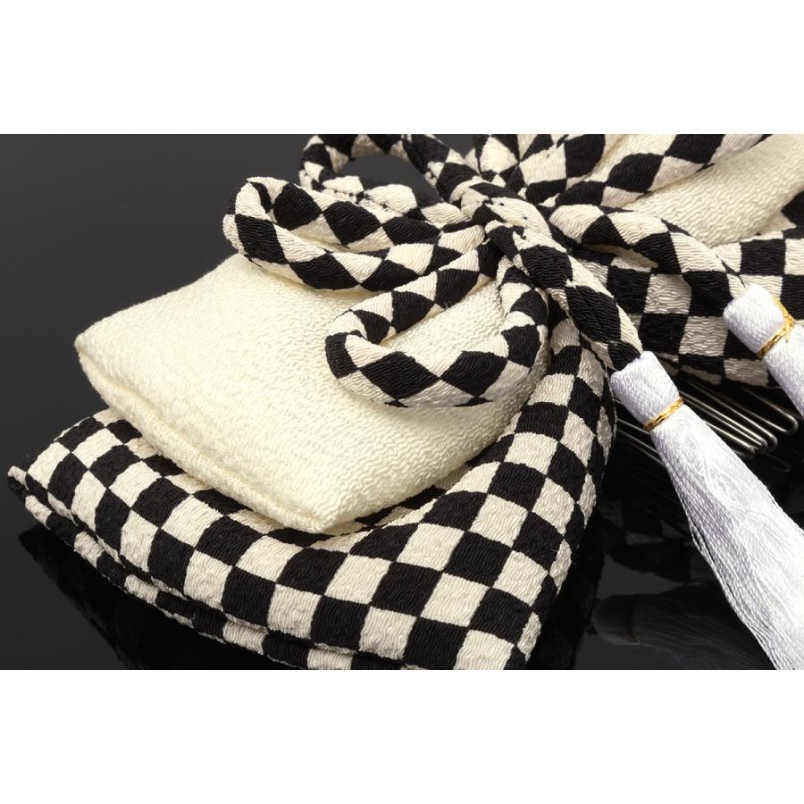 SOUBIEN 髪飾り リボン 白 黒 市松格子 丸ぐけ紐 縮緬 コーム式 髪留め