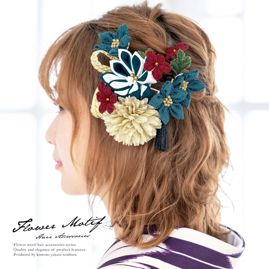 髪飾り 成人式 2点セット 椿 梅 花 玉飾り つまみ細工 縮緬 ちりめん