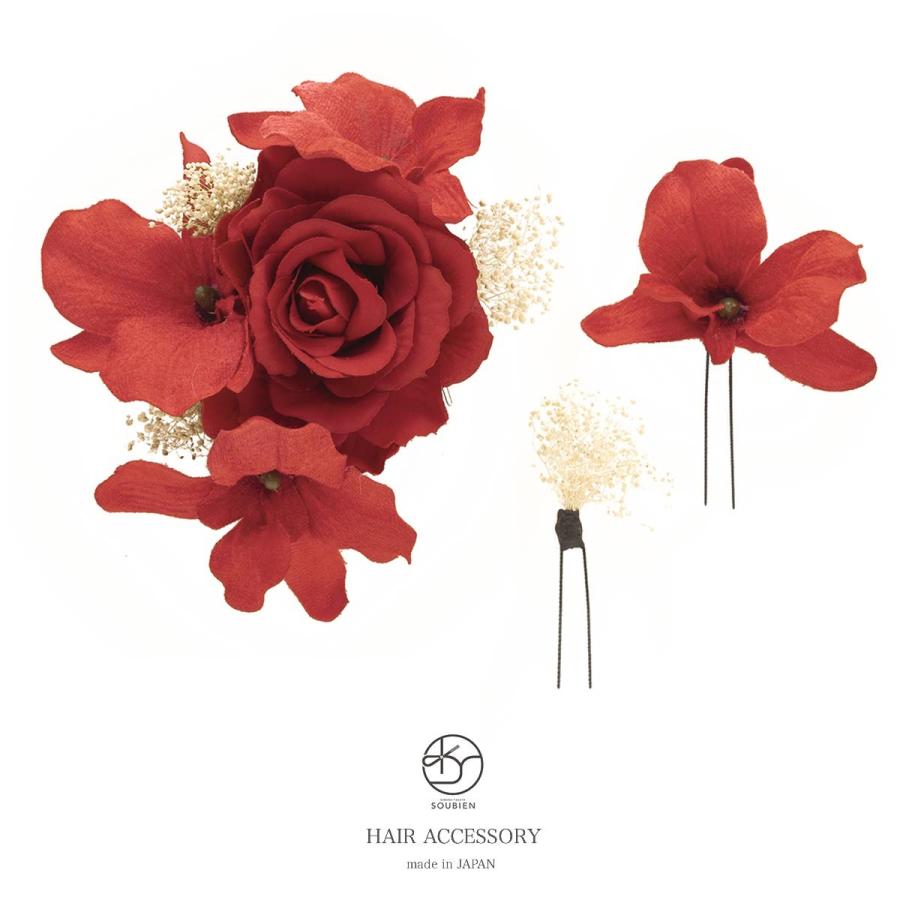 累計販売2万枚突破 髪飾り 和装 卒業式 成人式 振袖 袴姿 3点セット レッド 赤 薔薇 バラ かすみ草 小花 フラワー コサージュ Uピン コーム 髪留め ヘアアク 当日出荷 Carlavista Com