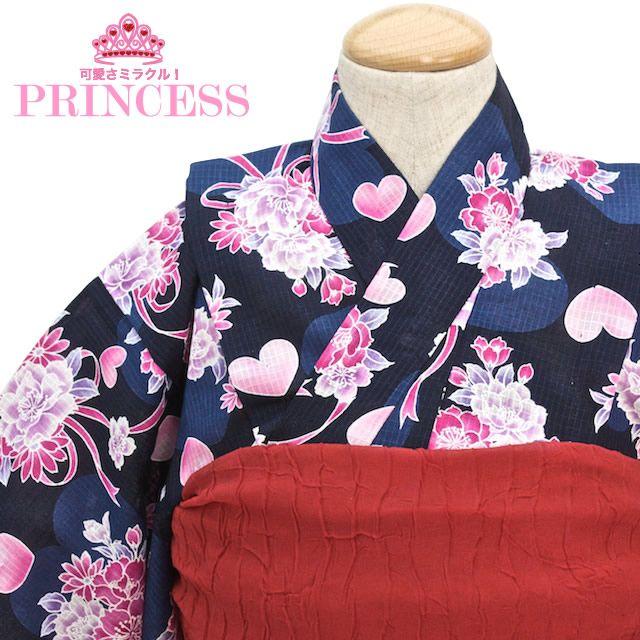 浴衣 子供 キッズ 単品 花柄 ハート リボン 紅梅織 こども 女児 女の子 