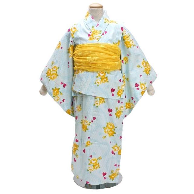 浴衣 子供 キッズ 単品 わらべくらぶ 水色 ライトブルー 薔薇 バラ 