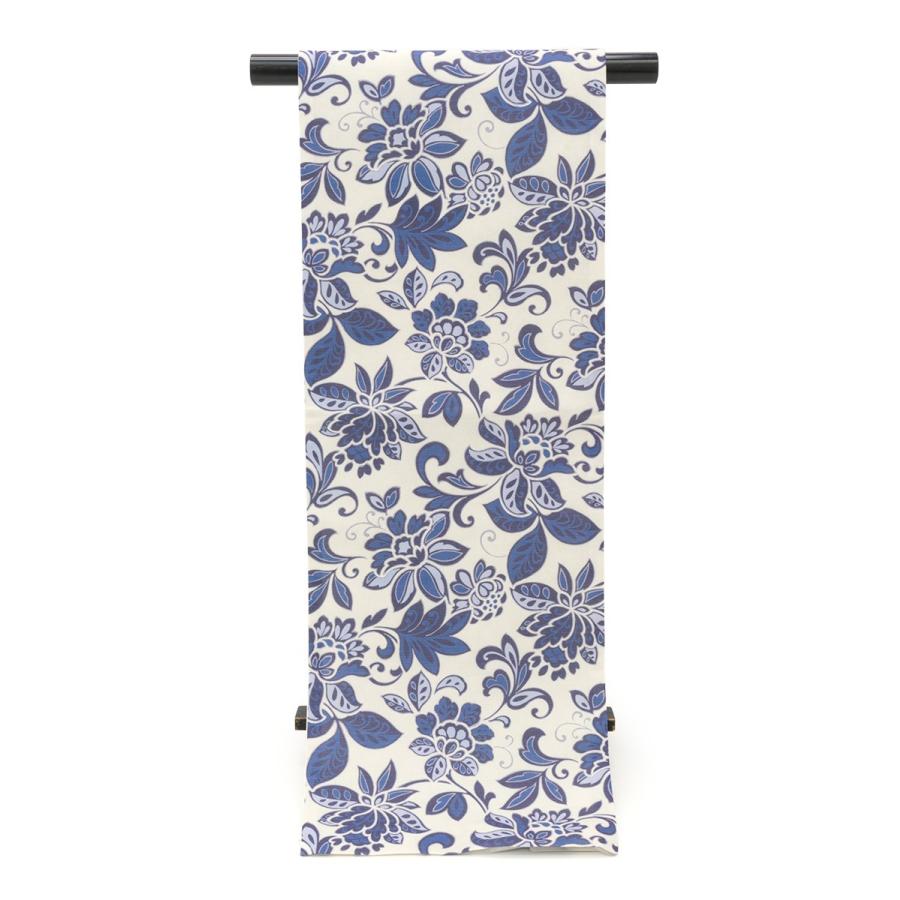 京袋帯 正絹 紬 小紋 カジュアル 青 ブルー 生成り ホワイト 花唐草