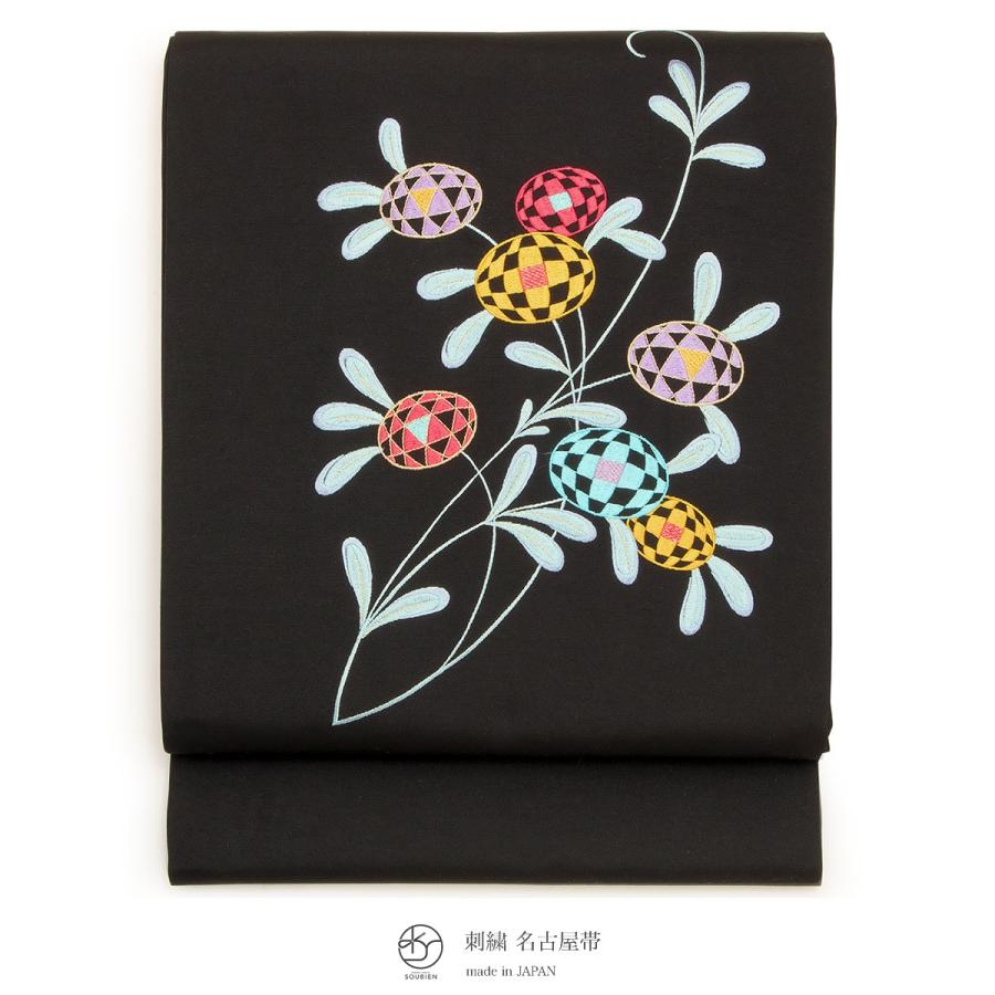 名古屋帯 黒 九寸名古屋帯 ブラック 花 フラワー 刺繍 お太鼓柄 名古屋帯 黒 九寸名古屋帯 ブラック 花 フラワー 刺繍 お太鼓柄