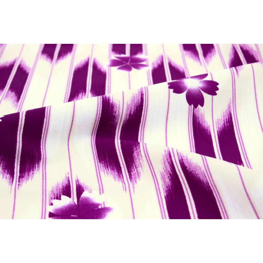 袴用二尺袖着物 紫色 パープル アイボリー 矢羽根 矢絣 桜 花 縞