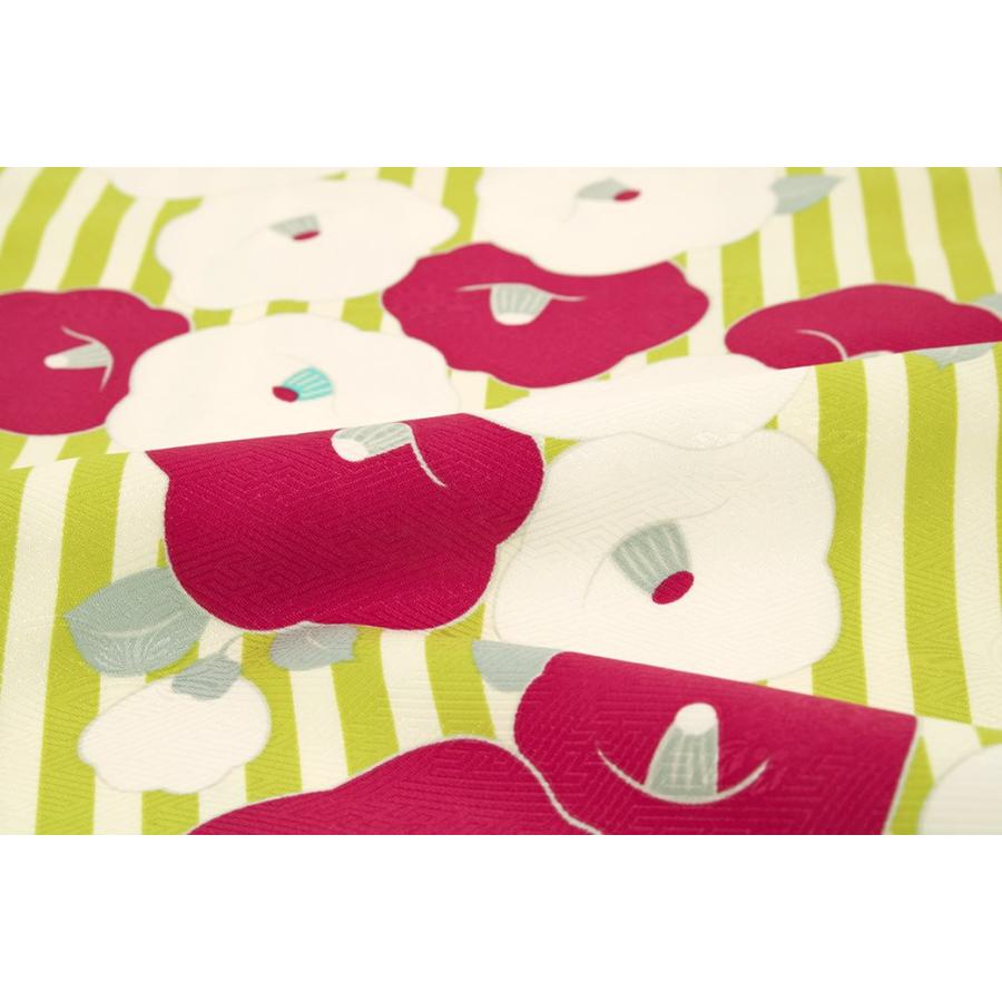 SOUBIEN（創美苑） 袴用二尺袖着物 黄緑色系 赤紫色 椿 縞 菊紗綾形