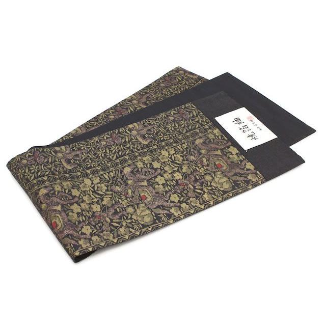 袋帯 未仕立て 黒 馬 草花 京都西陣織 絹 焼箔紬 佐々木染織 証紙