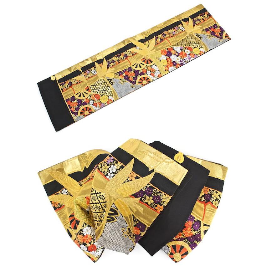 袋帯 振袖用 未仕立て 黒 金 竹 菊 花 伊豆蔵(いづくら)織物 袋帯 振袖用 未仕立て 黒 金 竹 菊 花 伊豆蔵(いづくら)織物