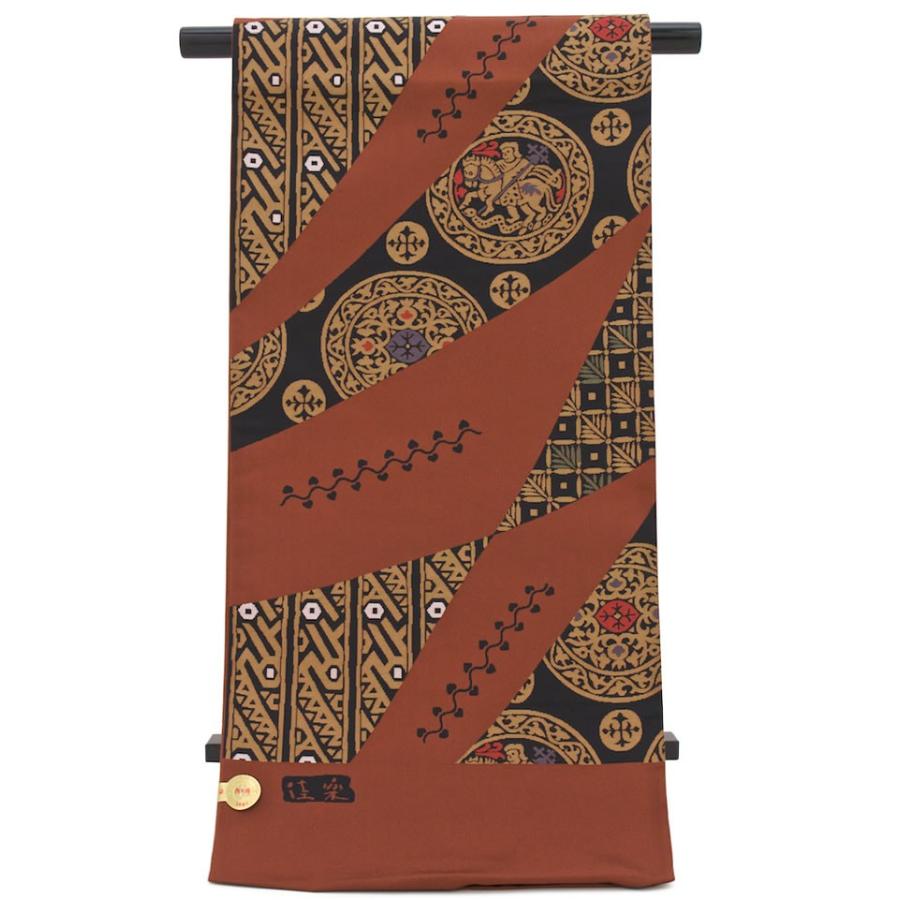 袋帯 未仕立て 濃赤 臙脂色 騎馬 唐花 正絹 六通柄 京都西陣織 1403