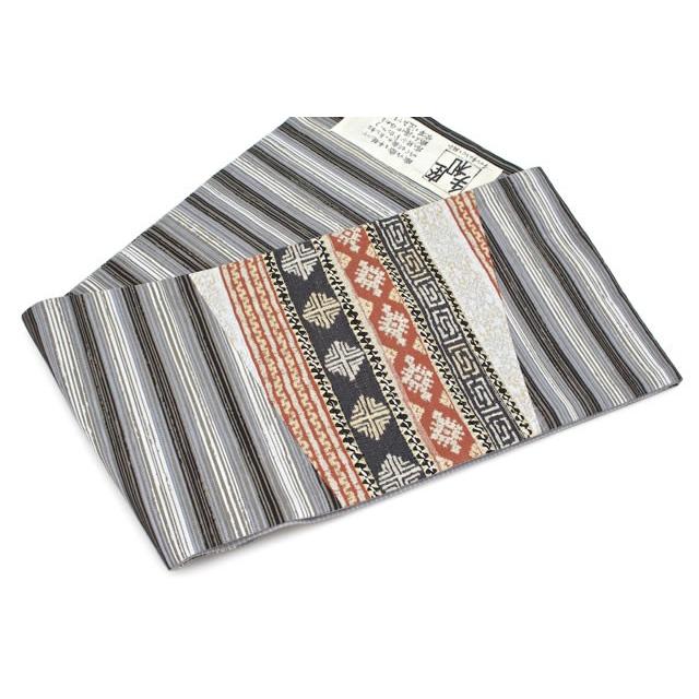 袋帯 未仕立て 灰 赤 黒 縞 名物裂 手和座 絹 六通柄 京都西陣織 2443