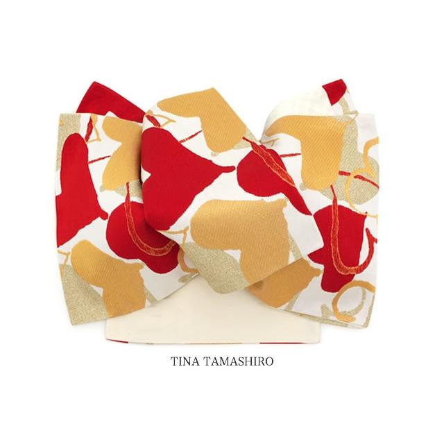 袋帯 振袖用 玉城ティナ キスミス 白 ホワイト 赤 金 ハート 絹 六通柄 成人式 レディース 仕立て上がり 日本製 送料無料 袋帯 振袖用 玉城ティナ キスミス 白 ホワイト 赤 金 ハート 絹 六通柄