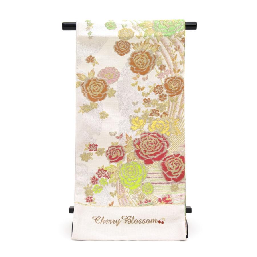 袋帯 振袖用 未仕立て 白 オフホワイト 金銀色 赤 薔薇 バラ 花 六通柄