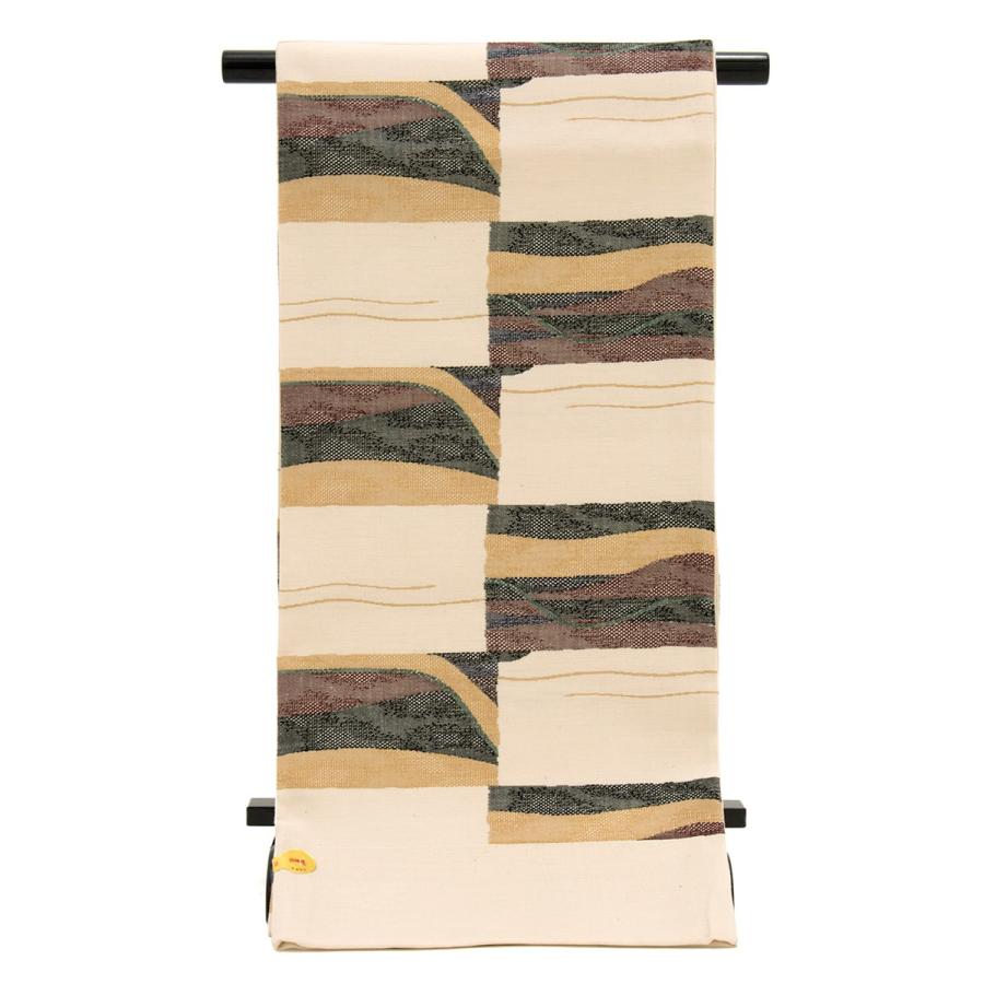 【未仕立て】 袋帯 白 アイボリー 黒 茶色 流水文 格子 正絹 三幸織物 徳田佳考 京都西陣織 1403 おしゃれ袋帯 紬の帯 六通柄 カジュアル 日本製 未仕立て】 袋帯 白 アイボリー 黒 茶色 流水文 格子 正絹 三幸織物