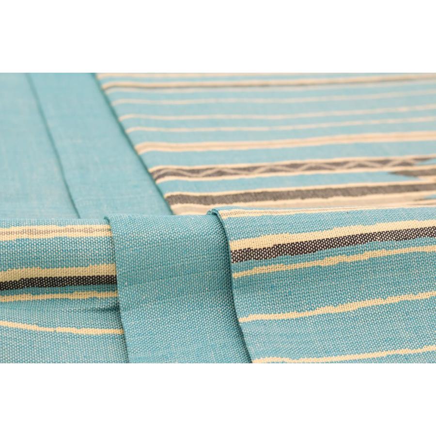 未仕立て】 袋帯 水色 ブルー 黄色 横縞 稲妻 幾何学 正絹 三幸織物