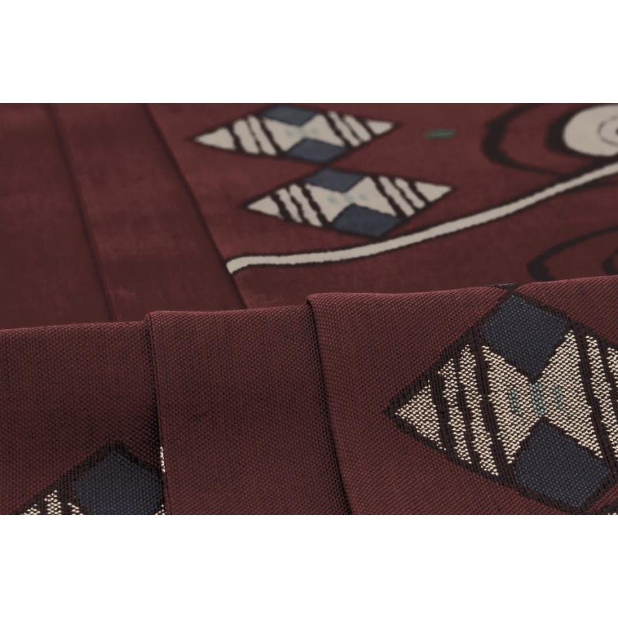 未仕立て】 袋帯 濃赤 レッド 茶色 流水文 菱 幾何学 正絹 三幸織物