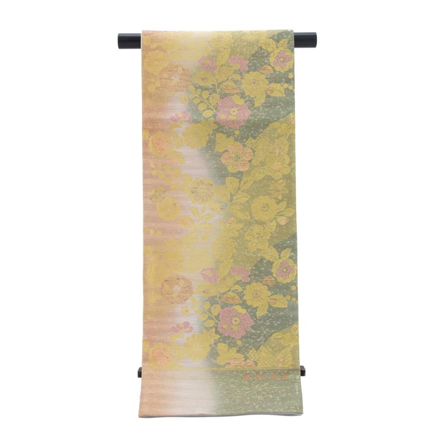 袋帯 京都 西陣 金糸 花唐草 鳥 雲 灰青 茶色 オレンジ 中古 kp2333 袋帯 京都 西陣 唐織 金 黄ベージュ 花 華文 フォーマル 中古 kp1083