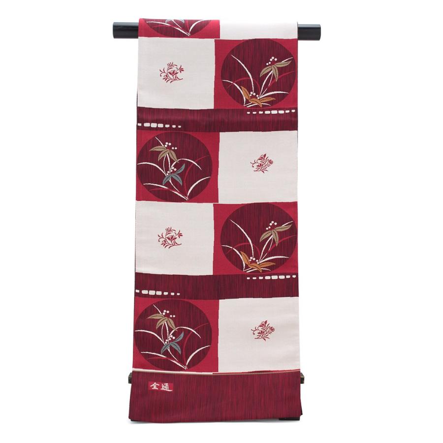 未仕立て】袋帯 白茶色 ベージュ 暗赤色 市松 花丸 更紗 コプト裂調 絹